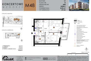 Rzut - Mieszkanie na sprzedaż 2 pokoje o powierzchni 34,46 m² - numer C1_M48/I w Koncertowe Wzgórze etap II