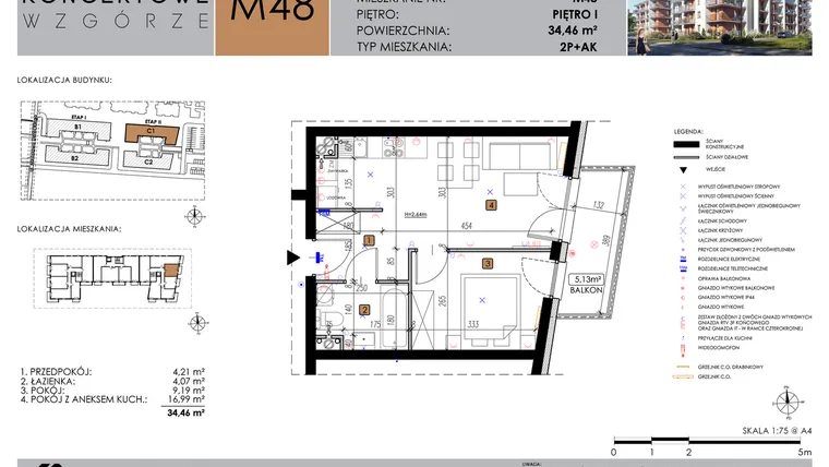 Rzut - Mieszkanie na sprzedaż 2 pokoje o powierzchni 34,46 m² - numer C1_M48/I w Koncertowe Wzgórze etap II
