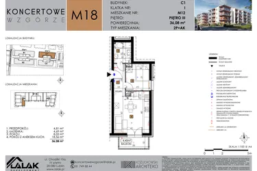 Rzut - Mieszkanie na sprzedaż 2 pokoje o powierzchni 36,08 m² - numer C1_M18/III w Koncertowe Wzgórze etap II