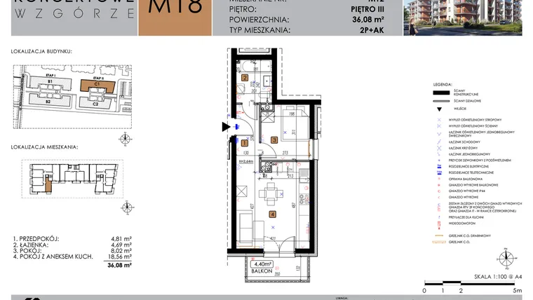 Rzut - Mieszkanie na sprzedaż 2 pokoje o powierzchni 36,08 m² - numer C1_M18/III w Koncertowe Wzgórze etap II