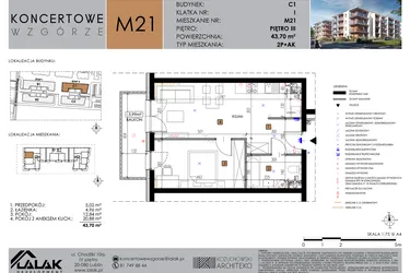 Rzut - Mieszkanie na sprzedaż 2 pokoje o powierzchni 43,7 m² - numer C1_M21/III w Koncertowe Wzgórze etap II
