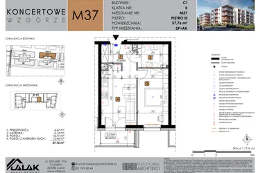 Rzut - Mieszkanie na sprzedaż 2 pokoje o powierzchni 37,76 m² - numer C1_M37/III w Koncertowe Wzgórze etap II