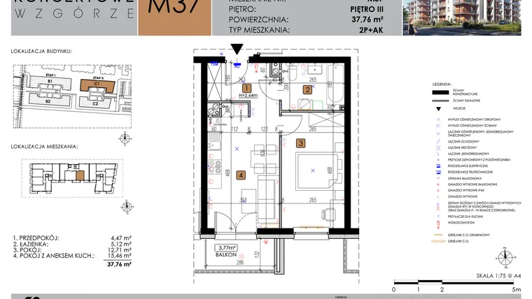 Rzut - Mieszkanie na sprzedaż 2 pokoje o powierzchni 37,76 m² - numer C1_M37/III w Koncertowe Wzgórze etap II