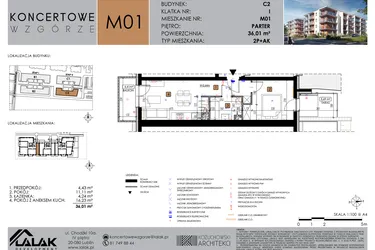 Rzut - Mieszkanie na sprzedaż 2 pokoje o powierzchni 36,01 m² - numer C2_M1/P w Koncertowe Wzgórze etap II