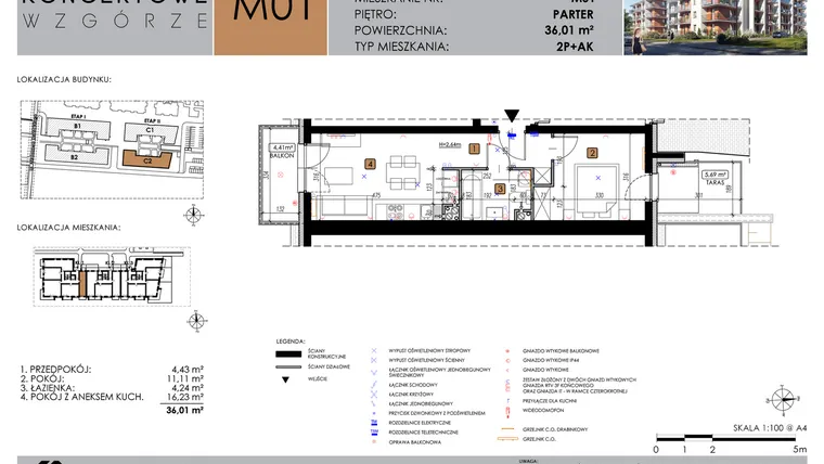 Rzut - Mieszkanie na sprzedaż 2 pokoje o powierzchni 36,01 m² - numer C2_M1/P w Koncertowe Wzgórze etap II
