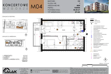 Rzut - Mieszkanie na sprzedaż 2 pokoje o powierzchni 45,24 m² - numer C2_M4/P w Koncertowe Wzgórze etap II