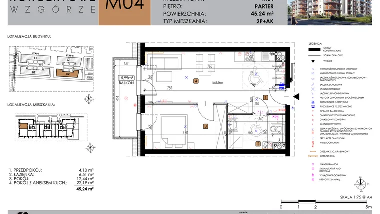 Rzut - Mieszkanie na sprzedaż 2 pokoje o powierzchni 45,24 m² - numer C2_M4/P w Koncertowe Wzgórze etap II