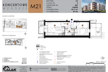 Rzut - Mieszkanie na sprzedaż 2 pokoje o powierzchni 43,17 m² - numer C2_M21/P w Koncertowe Wzgórze etap II
