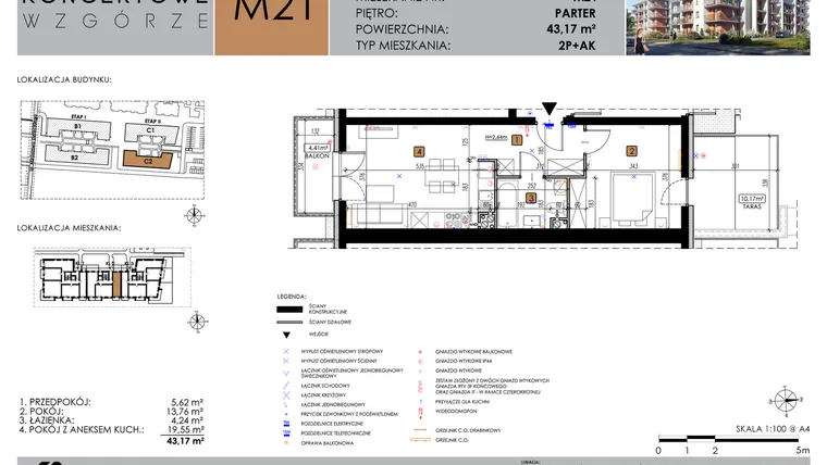 Rzut - Mieszkanie na sprzedaż 2 pokoje o powierzchni 43,17 m² - numer C2_M21/P w Koncertowe Wzgórze etap II