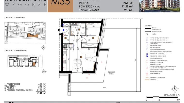 Rzut - Mieszkanie na sprzedaż 2 pokoje o powierzchni 41,25 m² - numer C2_M35/P w Koncertowe Wzgórze etap II