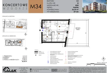 Rzut - Mieszkanie na sprzedaż 2 pokoje o powierzchni 36,25 m² - numer C2_M34/P w Koncertowe Wzgórze etap II