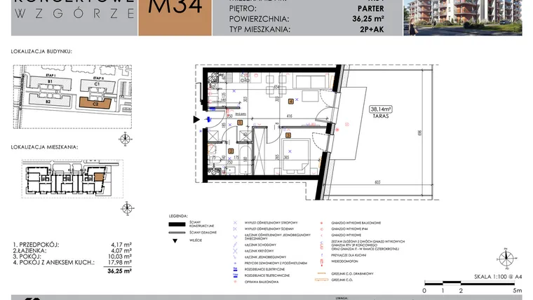 Rzut - Mieszkanie na sprzedaż 2 pokoje o powierzchni 36,25 m² - numer C2_M34/P w Koncertowe Wzgórze etap II