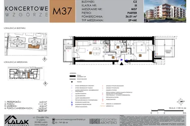 Rzut - Mieszkanie na sprzedaż 2 pokoje o powierzchni 36,01 m² - numer C2_M37 w Koncertowe Wzgórze etap II