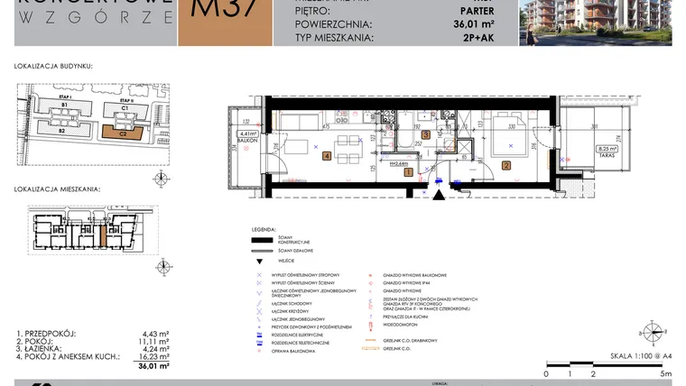 Rzut - Mieszkanie na sprzedaż 2 pokoje o powierzchni 36,01 m² - numer C2_M37 w Koncertowe Wzgórze etap II