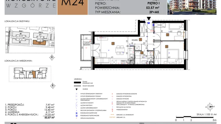 Rzut - Mieszkanie na sprzedaż 2 pokoje o powierzchni 53,57 m² - numer C2_M24/I w Koncertowe Wzgórze etap II