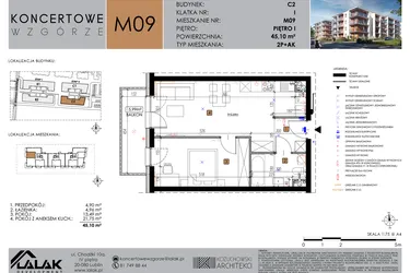 Rzut - Mieszkanie na sprzedaż 2 pokoje o powierzchni 45,01 m² - numer C2_M9/I w Koncertowe Wzgórze etap II