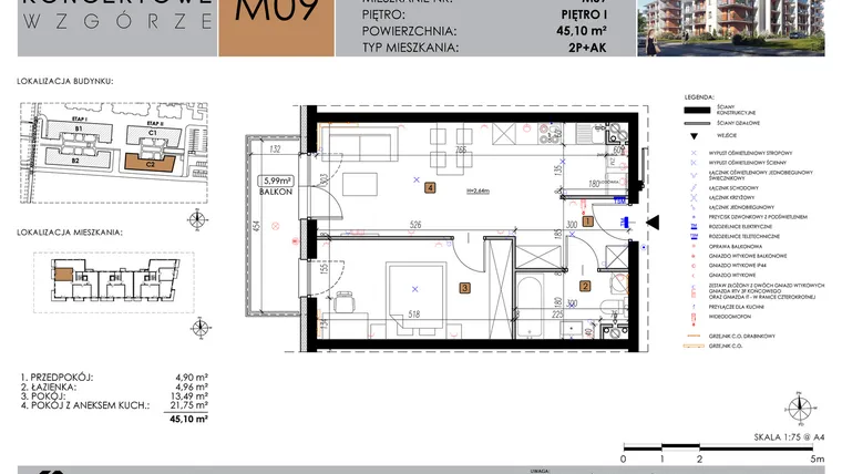 Rzut - Mieszkanie na sprzedaż 2 pokoje o powierzchni 45,01 m² - numer C2_M9/I w Koncertowe Wzgórze etap II