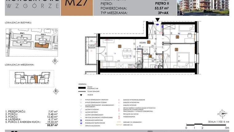 Rzut - Mieszkanie na sprzedaż 2 pokoje o powierzchni 53,57 m² - numer C2_M27 w Koncertowe Wzgórze etap II
