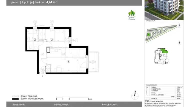 Rzut - Mieszkanie na sprzedaż 2 pokoje o powierzchni 46,49 m² - numer 13G.9 w Zielone Zamienie X