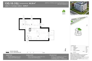 Rzut - Mieszkanie na sprzedaż 2 pokoje o powierzchni 46,4 m² - numer 13G.15 w Zielone Zamienie X