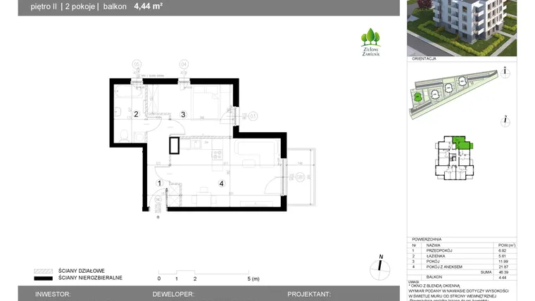 Rzut - Mieszkanie na sprzedaż 2 pokoje o powierzchni 46,4 m² - numer 13G.15 w Zielone Zamienie X