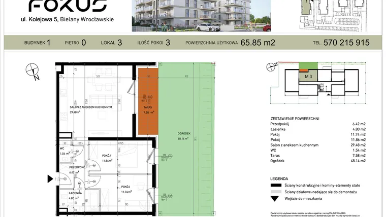 Rzut - Mieszkanie na sprzedaż 3 pokoje o powierzchni 65,85 m² - numer I.3 w Fokus Bielany