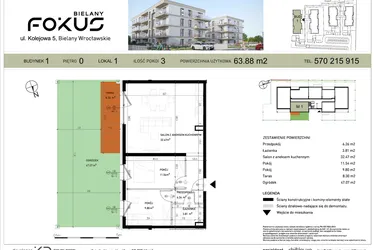 Rzut - Mieszkanie na sprzedaż 3 pokoje o powierzchni 63,88 m² - numer I.1 w Fokus Bielany