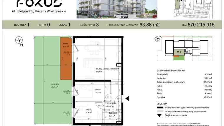 Rzut - Mieszkanie na sprzedaż 3 pokoje o powierzchni 63,88 m² - numer I.1 w Fokus Bielany