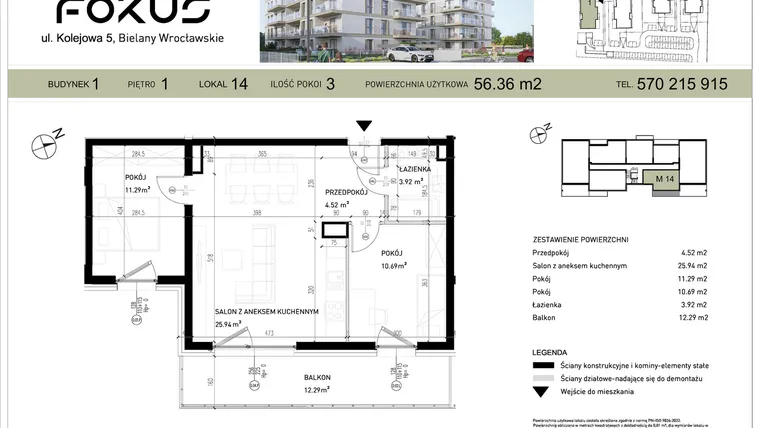 Rzut - Mieszkanie na sprzedaż 3 pokoje o powierzchni 56,36 m² - numer I.14 w Fokus Bielany