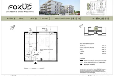 Rzut - Mieszkanie na sprzedaż 2 pokoje o powierzchni 55,16 m² - numer I.11 w Fokus Bielany
