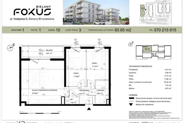 Rzut - Mieszkanie na sprzedaż 3 pokoje o powierzchni 65,85 m² - numer I.10 w Fokus Bielany
