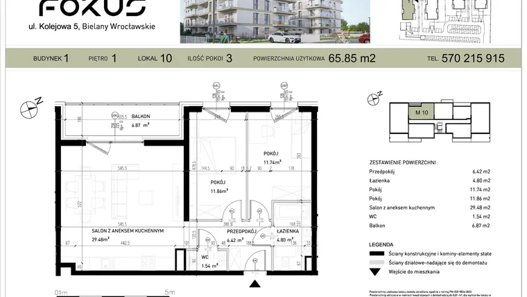 Rzut - Mieszkanie na sprzedaż 3 pokoje o powierzchni 65,85 m² - numer I.10 w Fokus Bielany