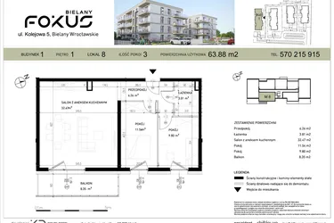 Rzut - Mieszkanie na sprzedaż 3 pokoje o powierzchni 63,88 m² - numer I.8 w Fokus Bielany