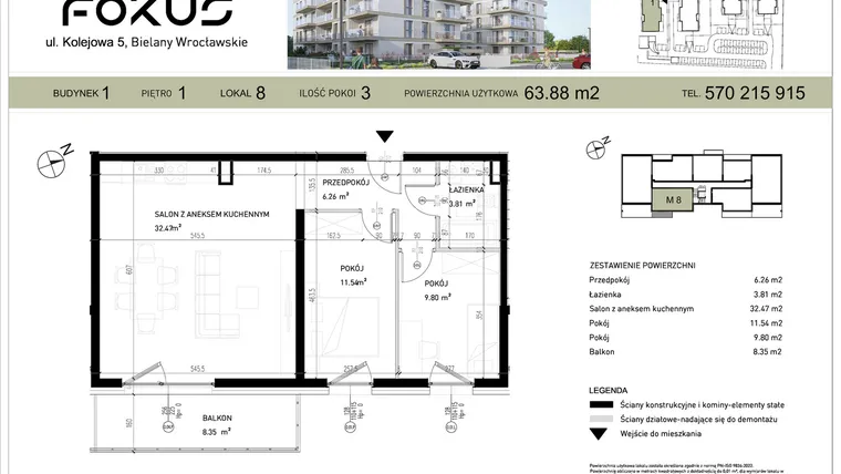 Rzut - Mieszkanie na sprzedaż 3 pokoje o powierzchni 63,88 m² - numer I.8 w Fokus Bielany