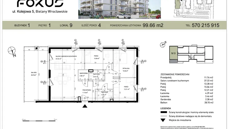 Rzut - Mieszkanie na sprzedaż 4 pokoje o powierzchni 99,66 m² - numer I.9 w Fokus Bielany