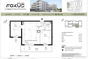 Rzut - Mieszkanie na sprzedaż 3 pokoje o powierzchni 56,36 m² - numer I.20 w Fokus Bielany