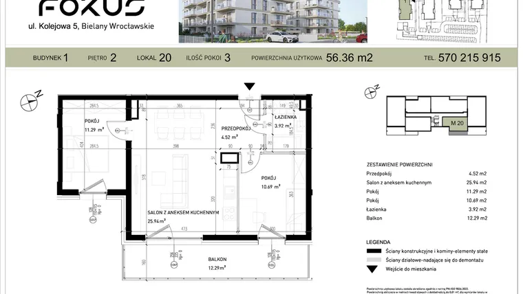 Rzut - Mieszkanie na sprzedaż 3 pokoje o powierzchni 56,36 m² - numer I.20 w Fokus Bielany