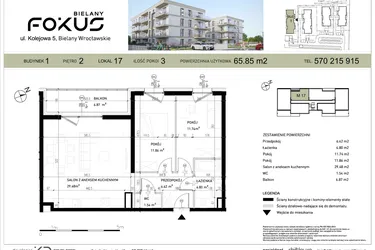 Rzut - Mieszkanie na sprzedaż 3 pokoje o powierzchni 65,85 m² - numer I.17 w Fokus Bielany