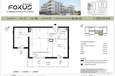 Rzut - Mieszkanie na sprzedaż 3 pokoje o powierzchni 56,36 m² - numer I.26 w Fokus Bielany