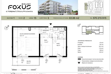 Rzut - Mieszkanie na sprzedaż 3 pokoje o powierzchni 63,88 m² - numer I.15 w Fokus Bielany