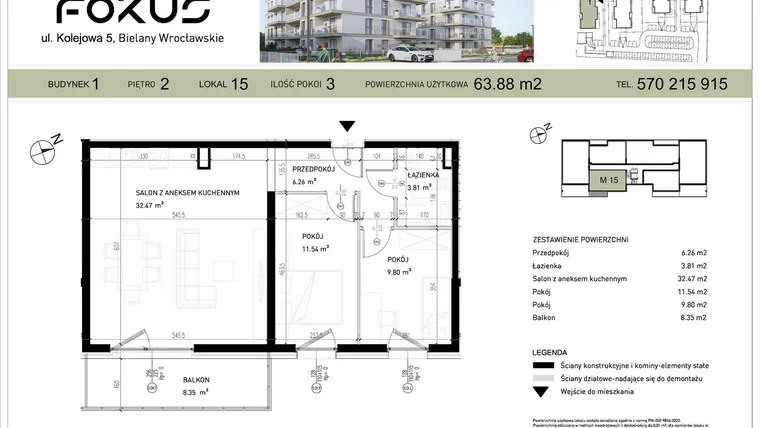 Rzut - Mieszkanie na sprzedaż 3 pokoje o powierzchni 63,88 m² - numer I.15 w Fokus Bielany