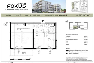 Rzut - Mieszkanie na sprzedaż 3 pokoje o powierzchni 63,88 m² - numer I.21 w Fokus Bielany