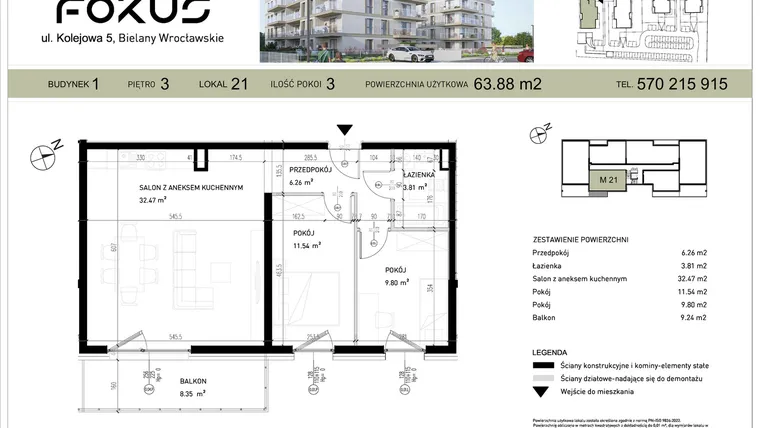 Rzut - Mieszkanie na sprzedaż 3 pokoje o powierzchni 63,88 m² - numer I.21 w Fokus Bielany
