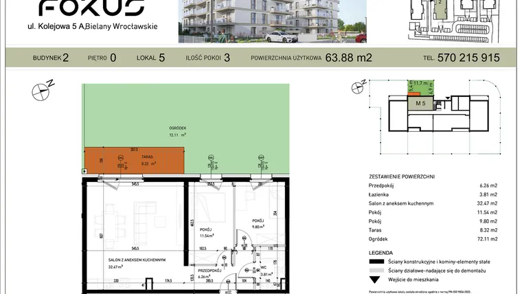Rzut - Mieszkanie na sprzedaż 3 pokoje o powierzchni 63,88 m² - numer II.5 w Fokus Bielany