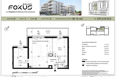 Rzut - Mieszkanie na sprzedaż 3 pokoje o powierzchni 56,14 m² - numer II.6 w Fokus Bielany