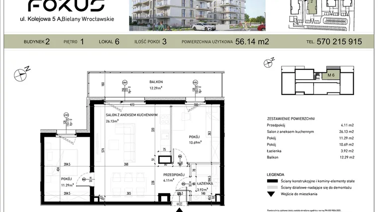 Rzut - Mieszkanie na sprzedaż 3 pokoje o powierzchni 56,14 m² - numer II.6 w Fokus Bielany