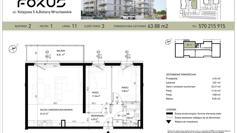 Rzut - Mieszkanie na sprzedaż 3 pokoje o powierzchni 63,88 m² - numer B2-11 w Fokus Bielany