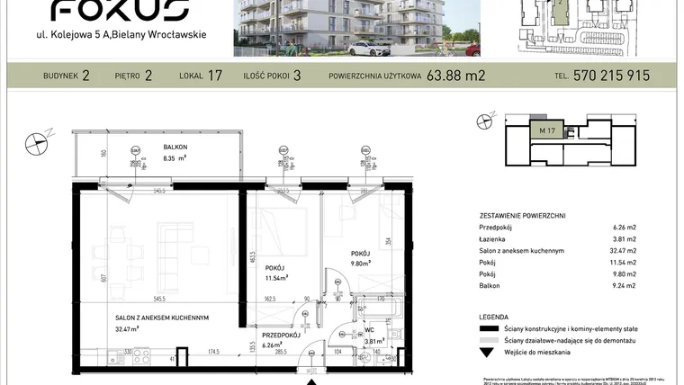 Rzut - Mieszkanie na sprzedaż 3 pokoje o powierzchni 63,88 m² - numer B2-17 w Fokus Bielany