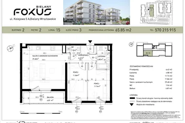 Rzut - Mieszkanie na sprzedaż 3 pokoje o powierzchni 65,85 m² - numer B2-15 w Fokus Bielany