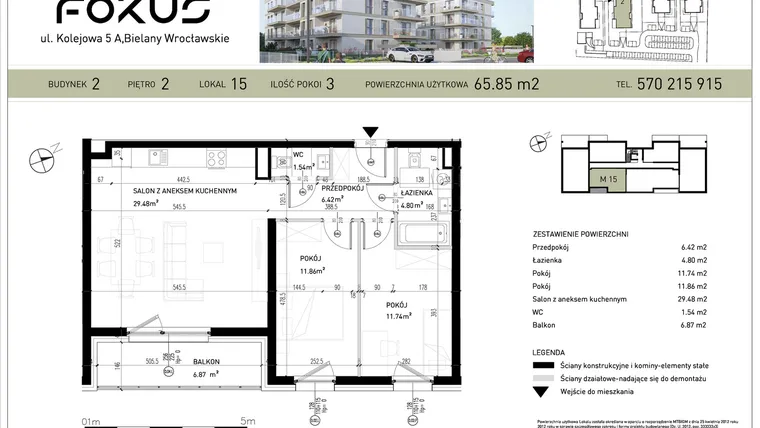 Rzut - Mieszkanie na sprzedaż 3 pokoje o powierzchni 65,85 m² - numer B2-15 w Fokus Bielany